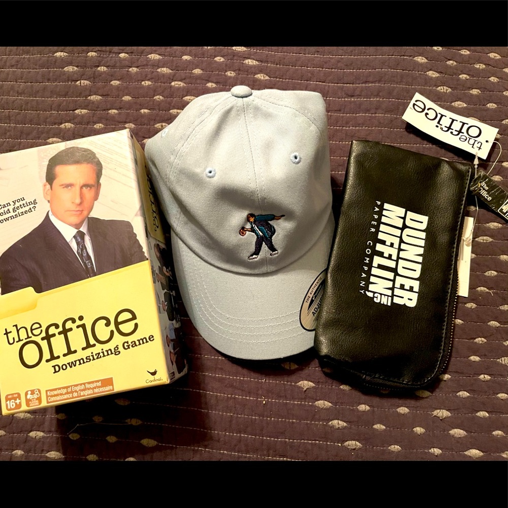 The Office w/ light blue b-ball hat, toiletry case, The Office Downsizing game.